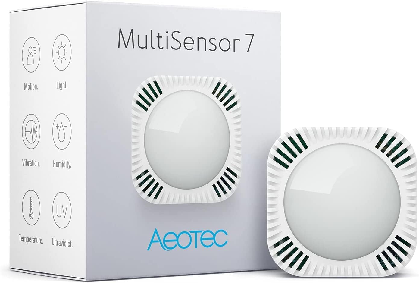 Witte vierkante Aeotec MultiSensor 7 met ronde bewegingslens naast de verpakking met iconen voor beweging, licht, trilling, vochtigheid, temperatuur en uv