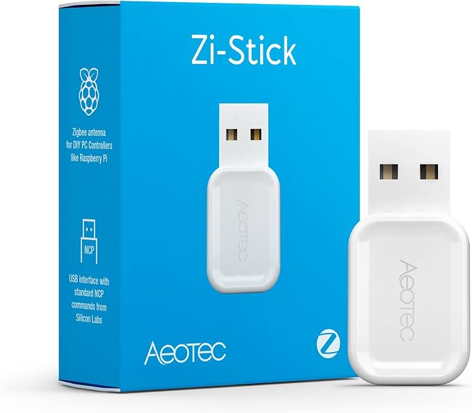 Witte Aeotec Zi-Stick Zigbee USB-stick naast de blauwe verpakking
