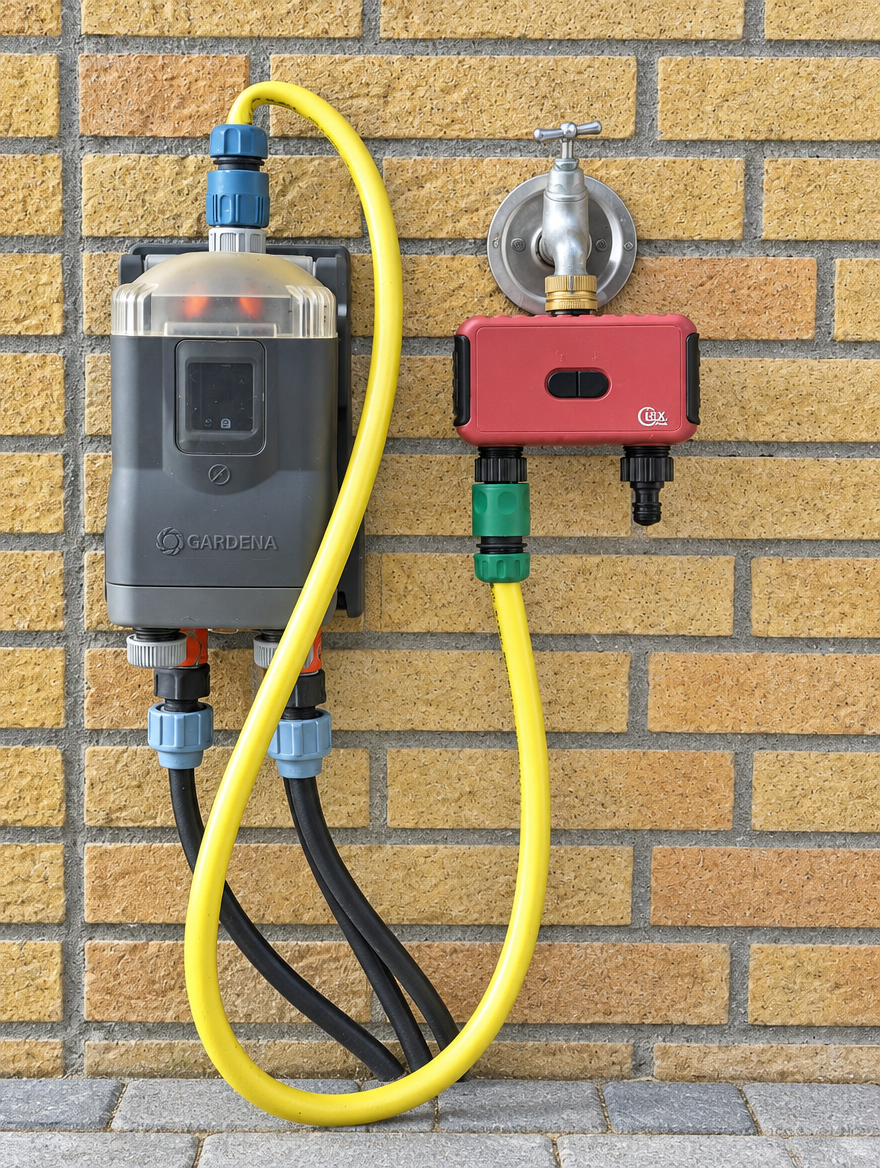 Rode GIEX Zigbee-bewateringstimer aan een buitenkraan op een gele bakstenen muur, met een gele slang naar een grijze Gardena-waterverdeler aan de muur, waaruit twee zwarte slangen naar de tuin lopen