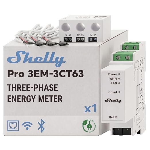 Shelly Pro 3EM-3CT63 three-phase DIN rail energy meter with three 63 A current clamps and the packaging