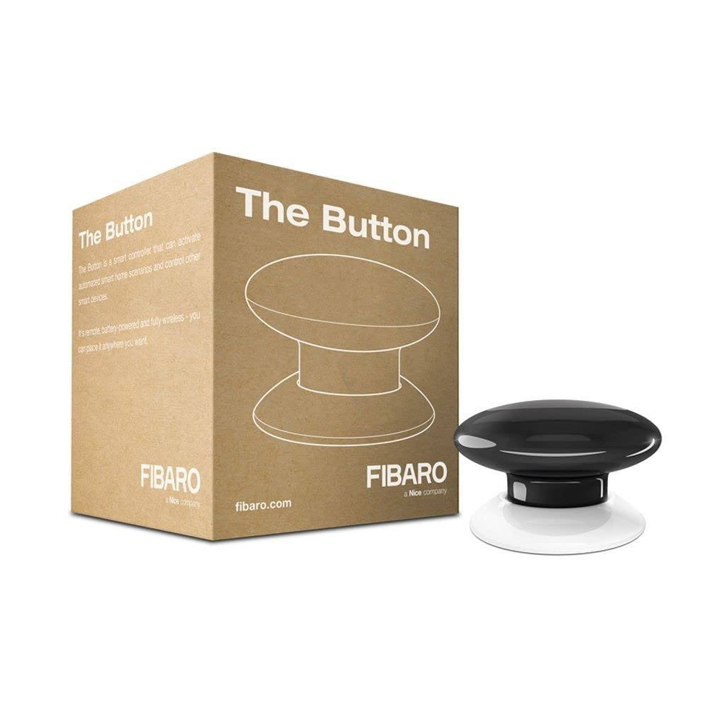 Fibaro The Button: een zwarte ronde drukknop op een witte voet, naast de kartonnen verpakking