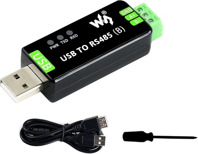 Zwarte Waveshare USB naar RS485-adapter met groene schroefklemmen voor GND, A+ en B-, met een USB-verlengkabel en een kleine schroevendraaier