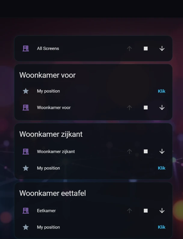 Home Assistant-dashboard met een knop voor alle screens en per screen omhoog, stop, omlaag en een knop voor de My-positie