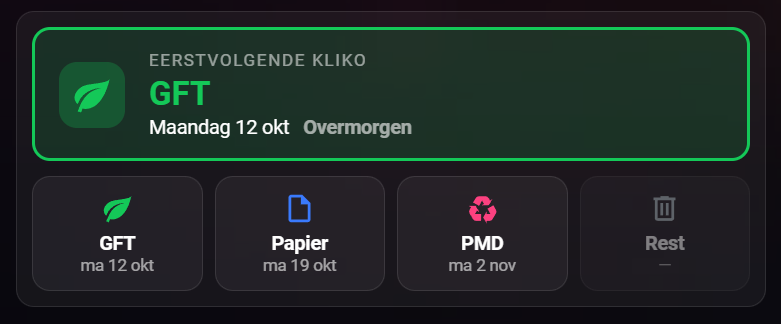 Donkere Home Assistant-kaart met bovenaan in een groen omlijnd vak de eerstvolgende kliko, GFT op maandag 12 oktober, overmorgen, en daaronder vier tegels voor GFT, papier, PMD en restafval met hun ophaaldatum