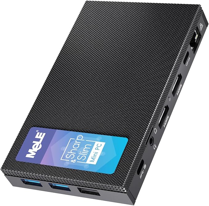 Zwarte MeLE Quieter 4C mini-pc zonder ventilator, gebruikt als Home Assistant-server