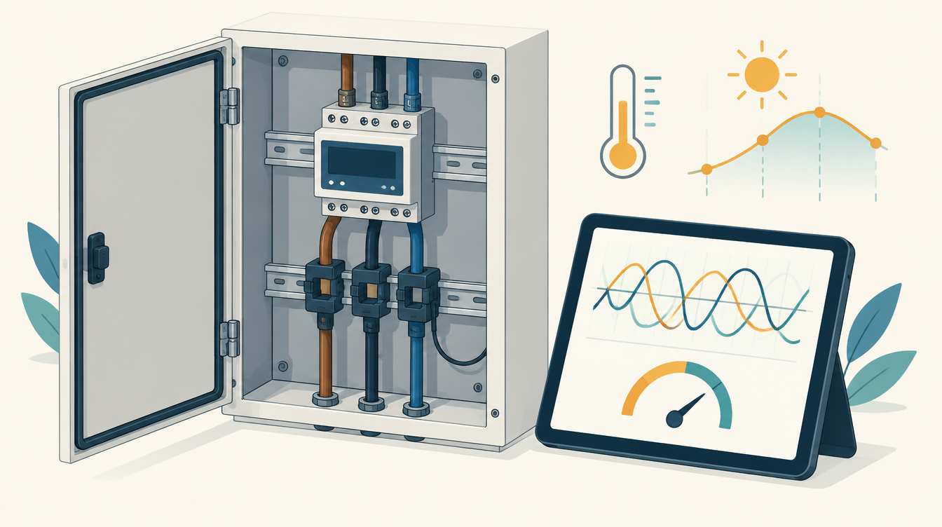 Verdeelkast met een driefasige energiemeter en drie stroomtangen, naast een tablet met golfvormen en een meter voor de power factor