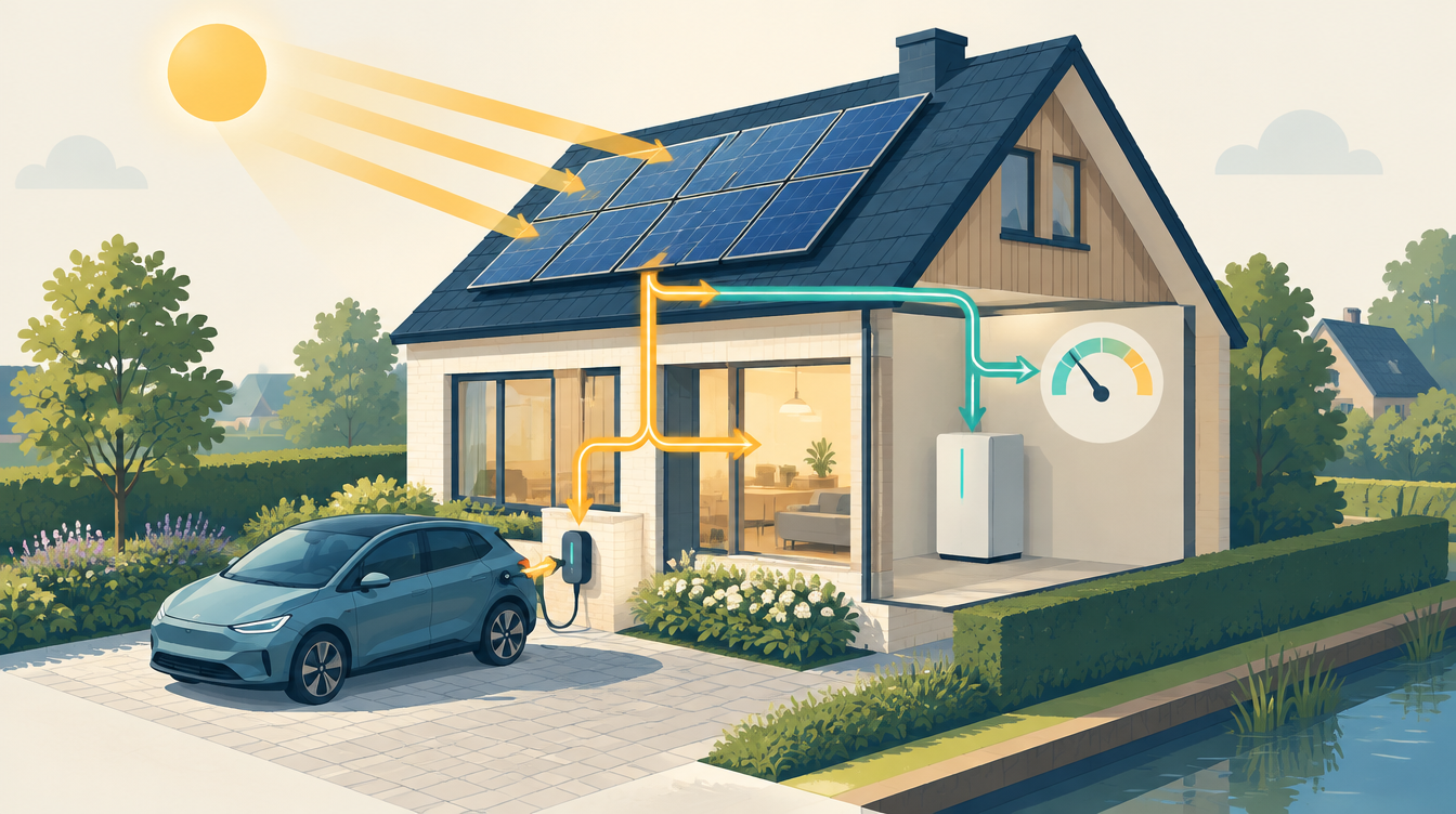 Huis met zonnepanelen waarvan de stroom naar het huis en een ladende auto gaat, met een aparte lijn naar de thuisbatterij
