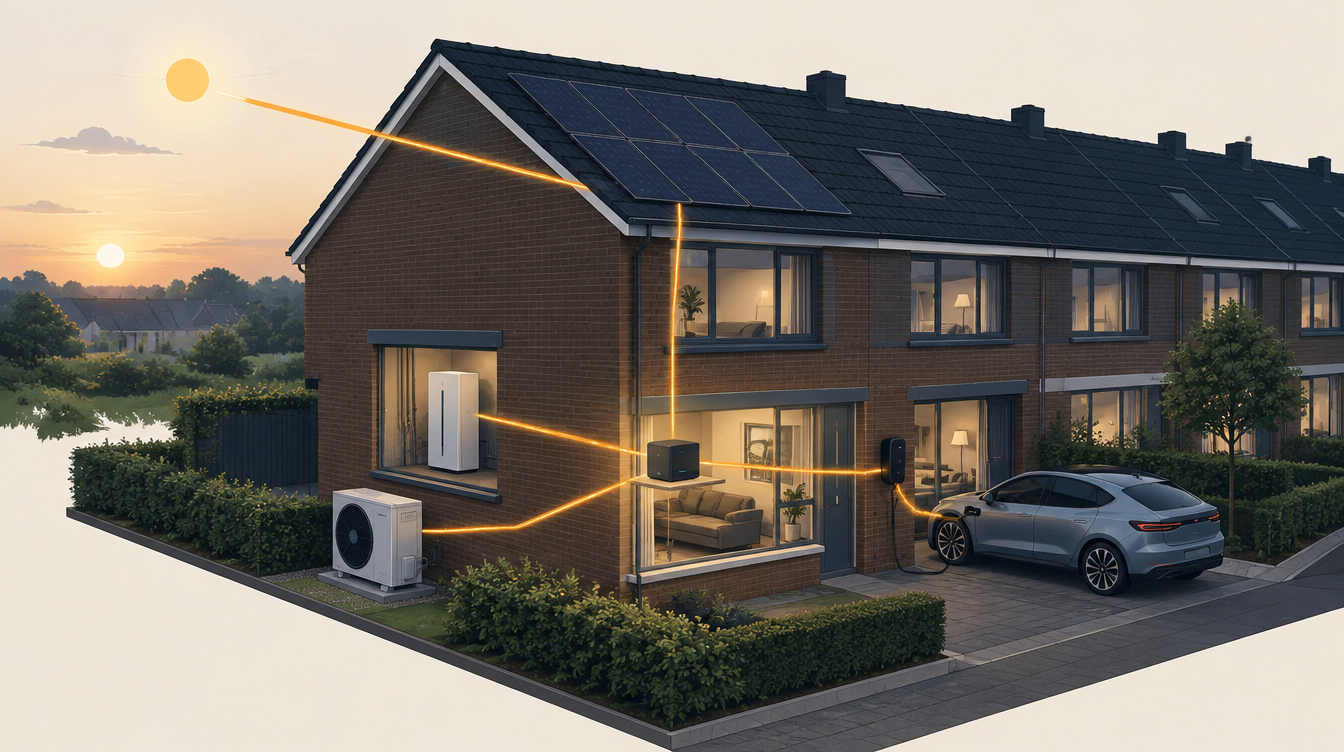 Illustratie van een rijtjeshuis met zonnepanelen, warmtepomp, thuisbatterij en een ladende auto, verbonden met één thuisserver