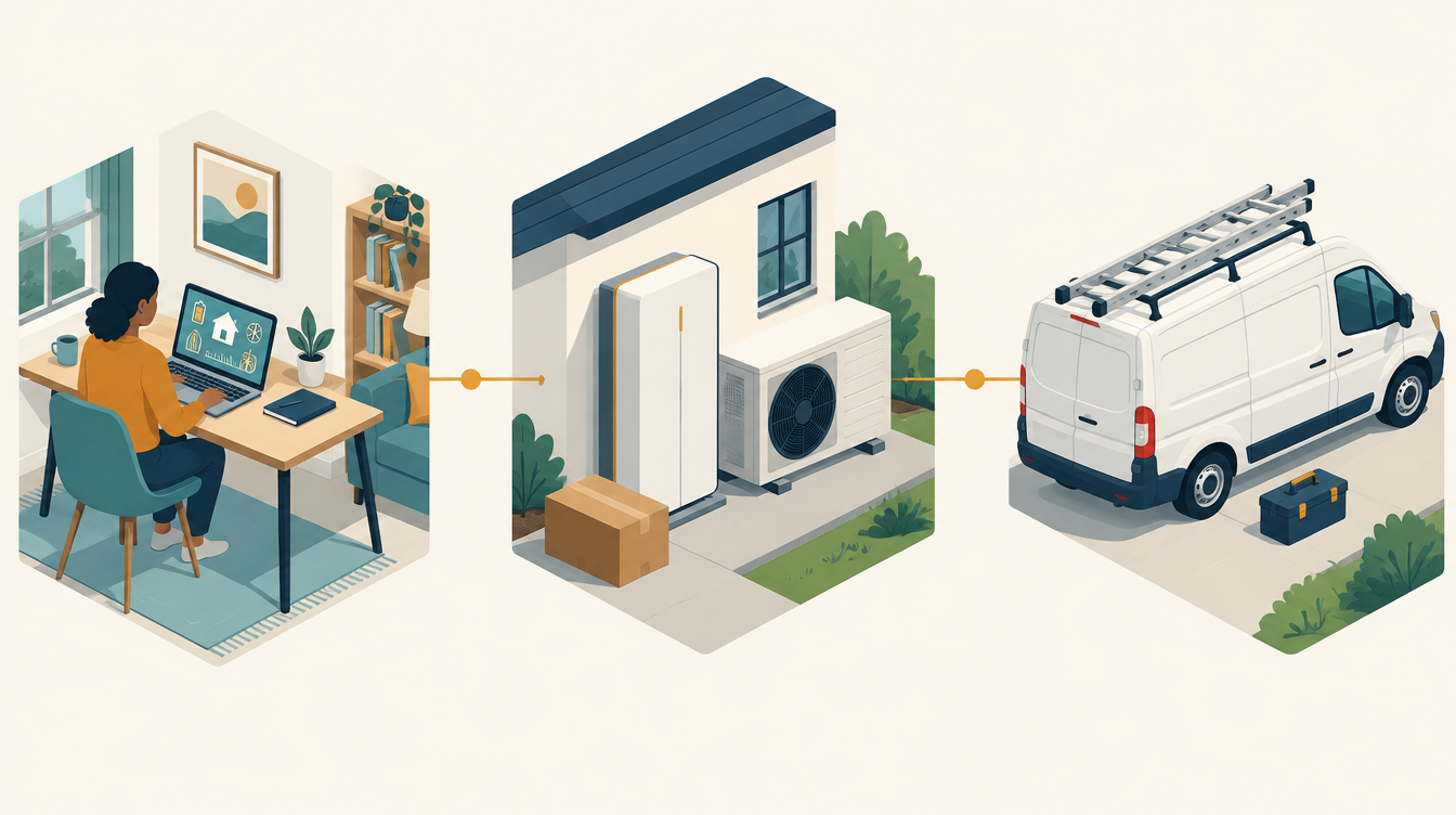 Drie scènes: iemand achter een laptop met een smart-home-dashboard, een net geleverde batterij en warmtepomp, en een busje van een installateur