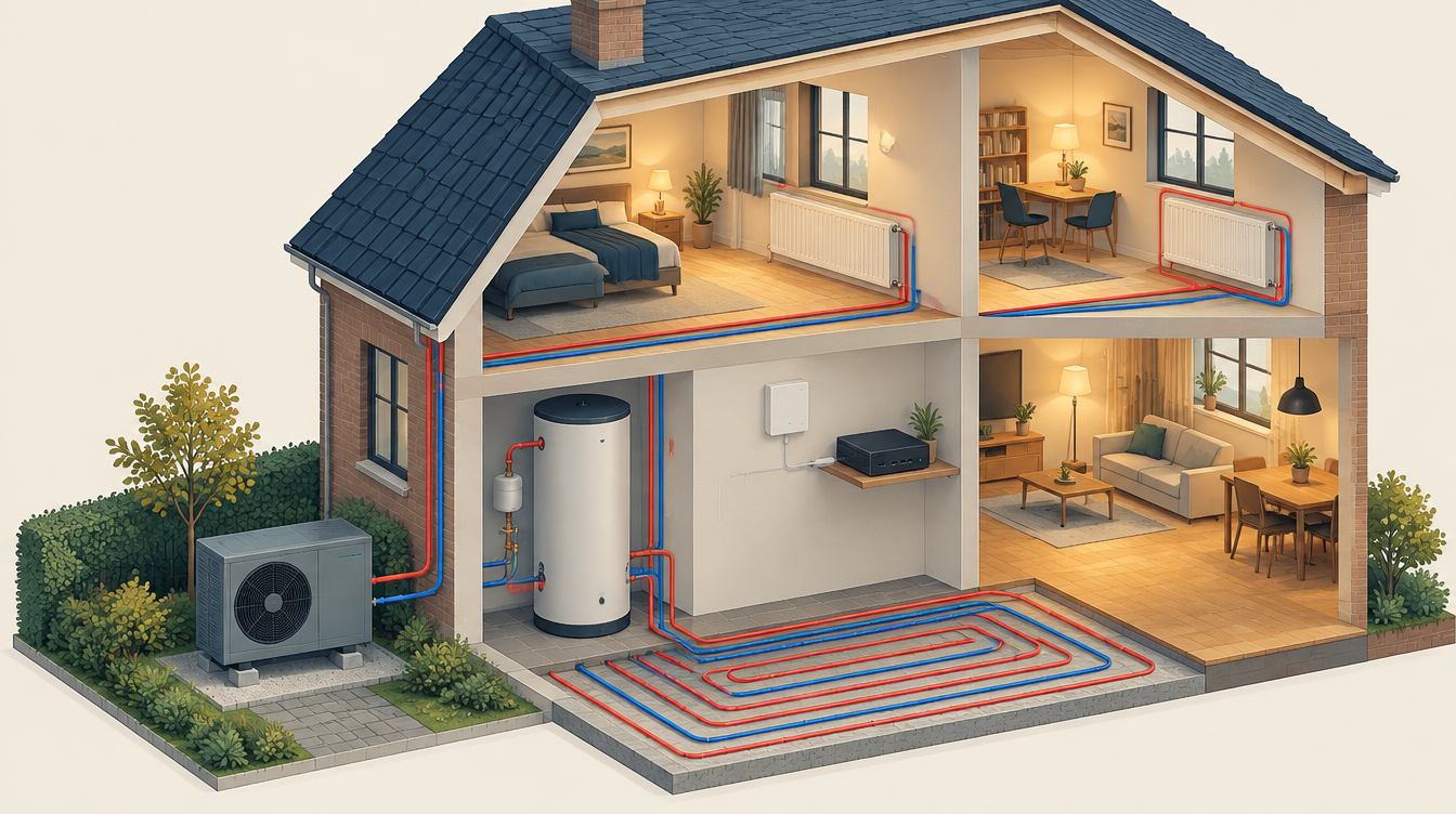 Doorsnede van een huis met lucht-water-warmtepomp, tapwatervat, vloerverwarming beneden, radiatoren boven en een kleine thuisserver