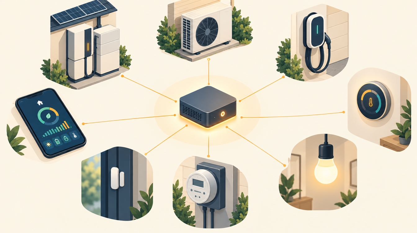 Een kleine thuisserver in het midden, verbonden met omvormer en batterij, warmtepomp, laadpaal, thermostaat, lamp, energiemeter, deursensor en een telefoon met dashboard