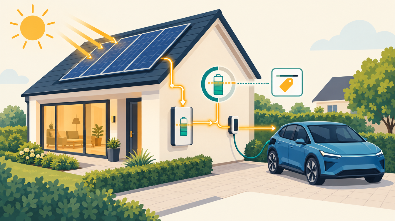 Huis met zonnepanelen waarvan de stroom eerst naar de thuisbatterij gaat en daarna naar een ladende auto, met een meter voor de batterijvoorrang en een prijsgrens
