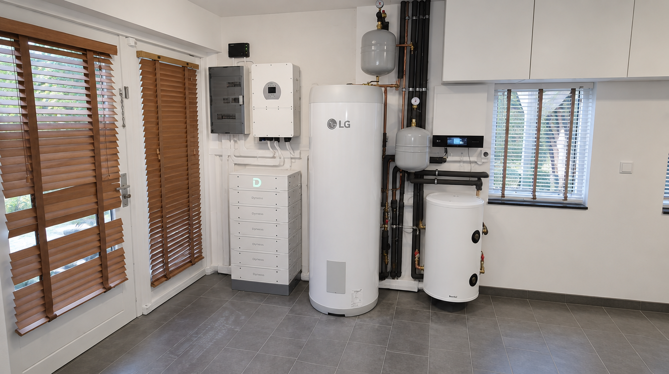 Plant room with the tall white LG hot water tank in the middle, expansion vessels, insulated pipes, the wall-mounted LG control panel and a white 85-litre buffer tank on the right, and the Deye inverter and battery on the left