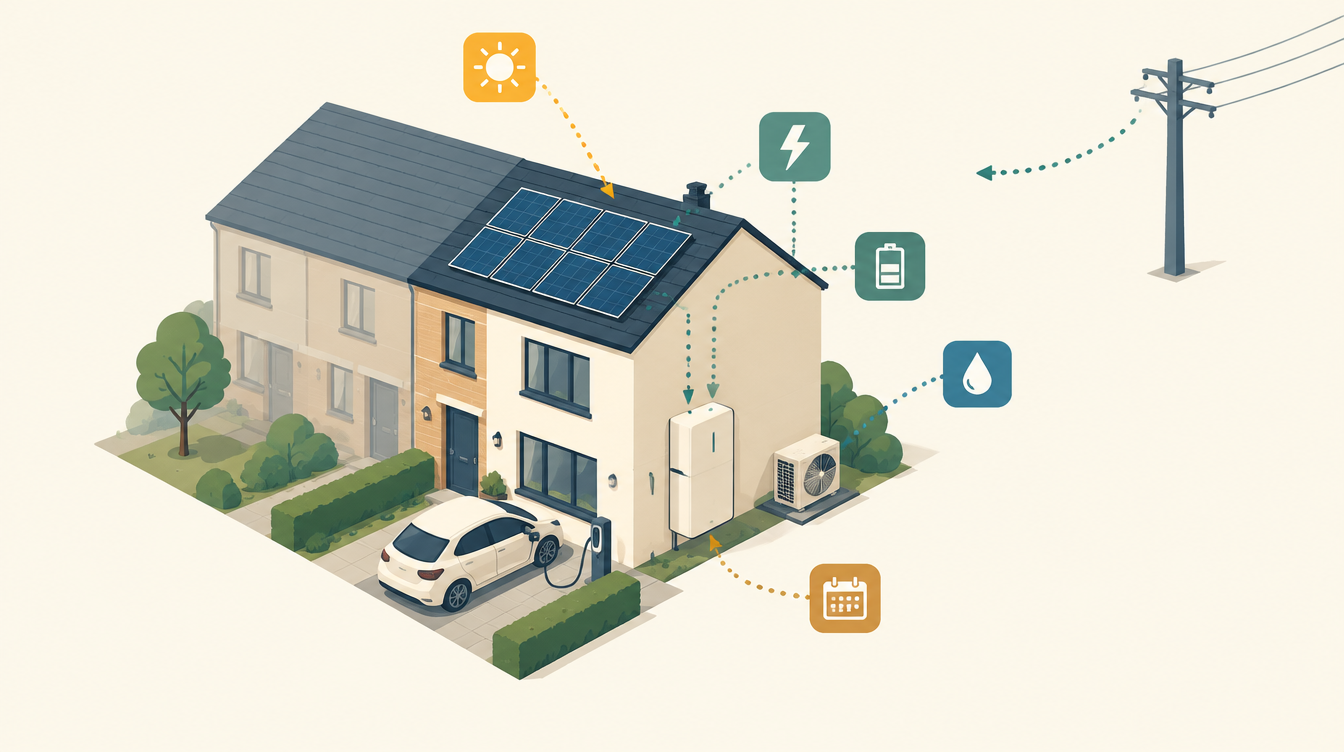 Illustratie van een rijtjeshuis met zonnepanelen, een thuisbatterij, een warmtepomp en een elektrische auto aan de laadpaal, met stippellijnen die zonnestroom naar het huis leiden in plaats van naar het net