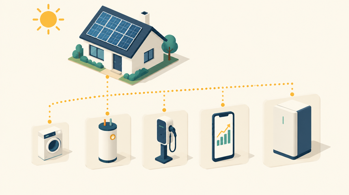 Illustratie van een huis met zonnepanelen waarvan stippellijnen lopen naar een wasmachine, een boiler, een laadpaal, een telefoon met een prijsgrafiek en een thuisbatterij