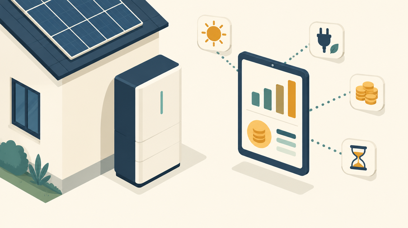 Illustratie van een huis met zonnepanelen en een thuisbatterij naast een scherm dat de besparing en terugverdientijd berekent